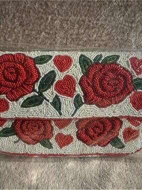 Hand-Beaded Red Rose Floral Clutch - Women Bags